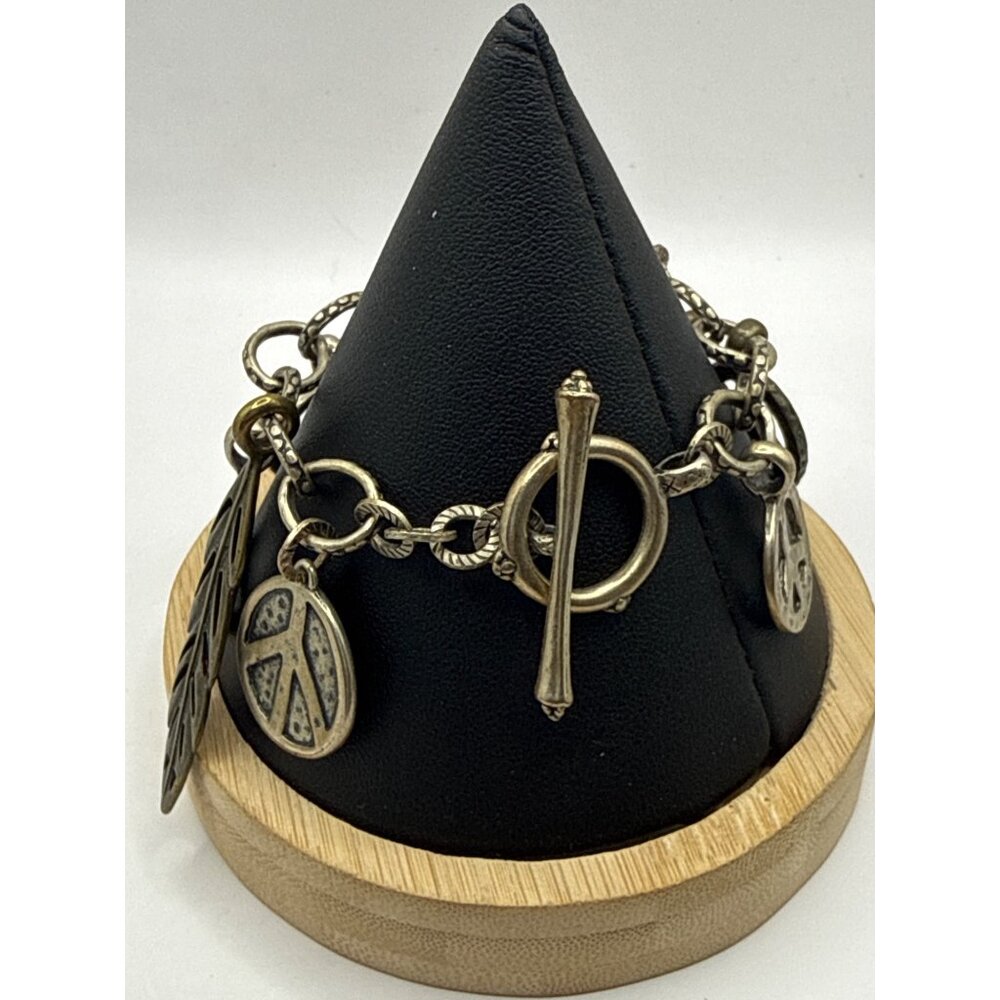 Vintage Boho Silver Peace Sign & Leaf Charm Bracelet Hippie Retro Jewelry - Picture 3 of 4